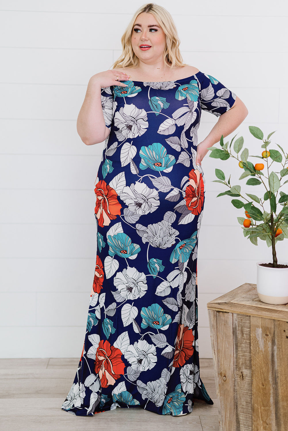 Green Off-the-shoulder Floral Print Plus size Maxi Dress