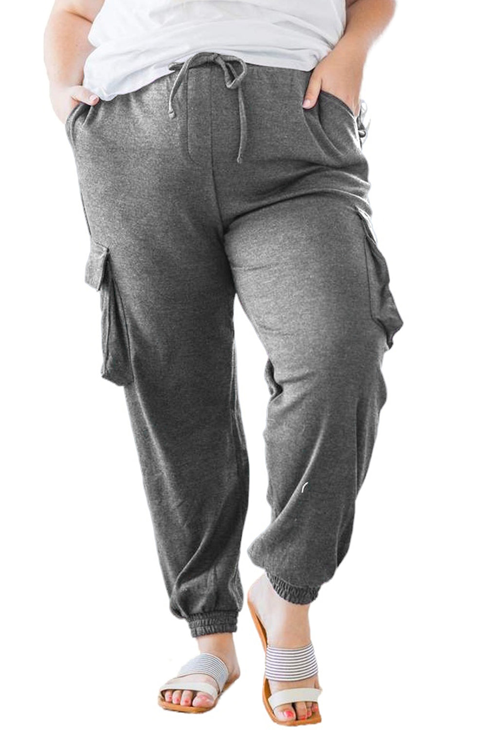 Gray Blue Elastic Waist Side Pocket Plus Size Jogger Pants