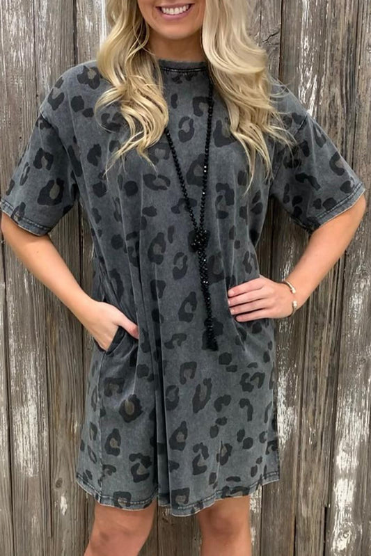 Vintage Washed Leopard T-Shirt Dress with Pockets