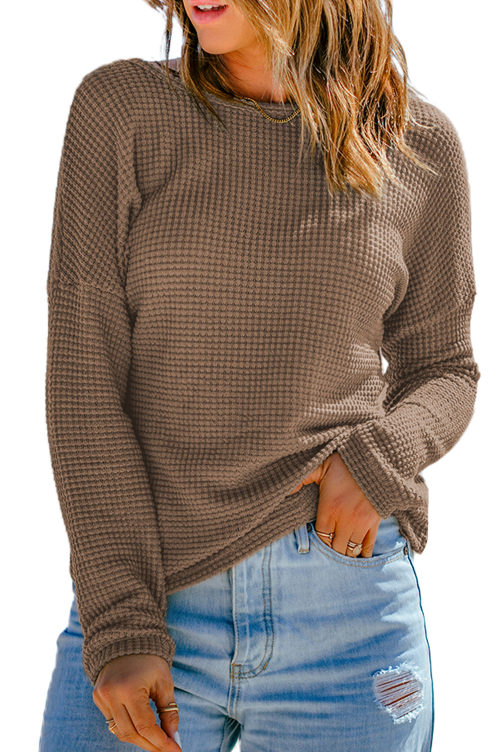 Khaki Waffle Knit Drop Shoulder Long Sleeve Top