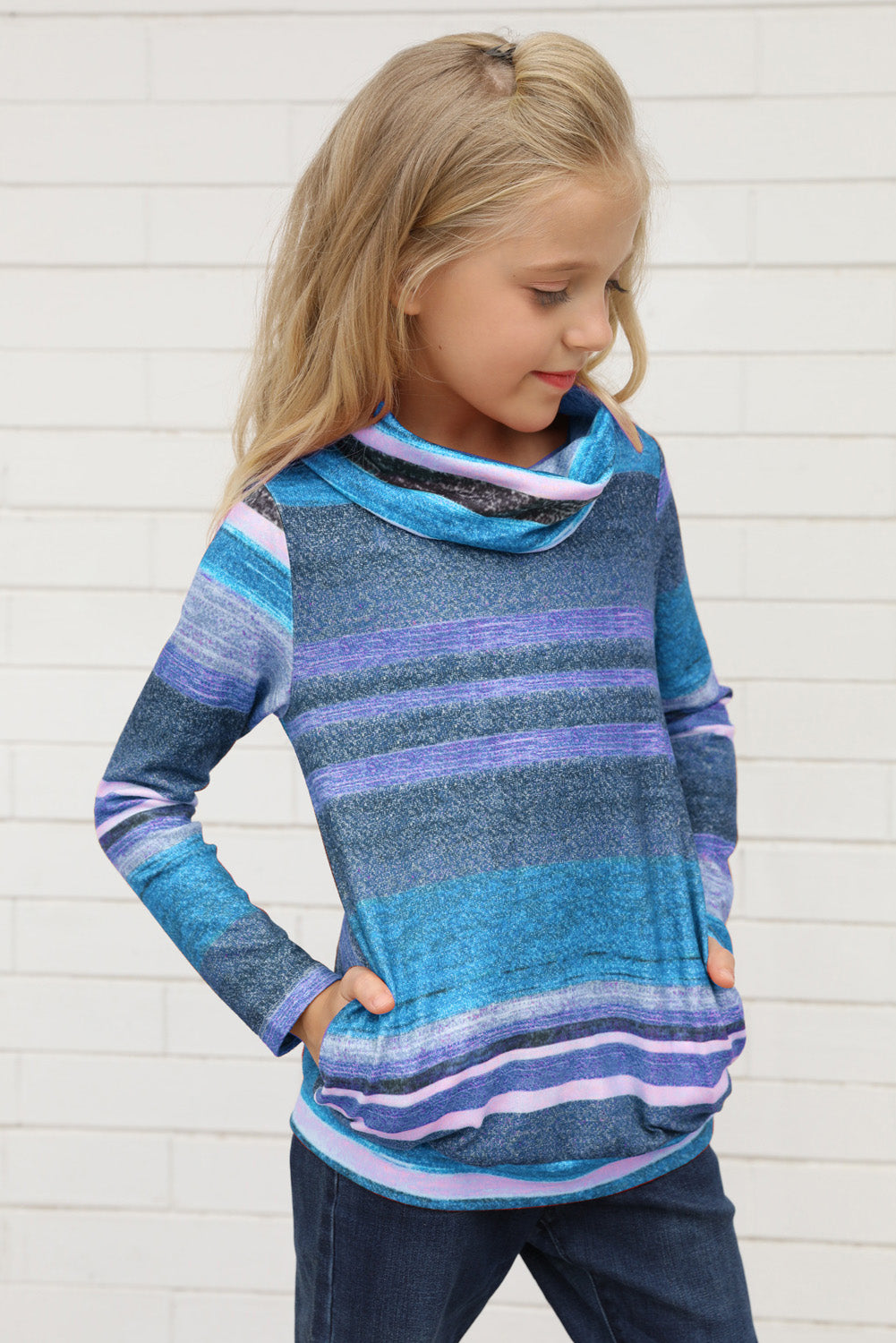 Multicolor Cowl Neck Girl's Striped Sweatshirt