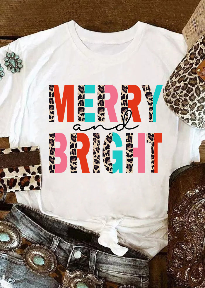 Merry and Bright Leopard Print Short Sleeve Graphic Tee