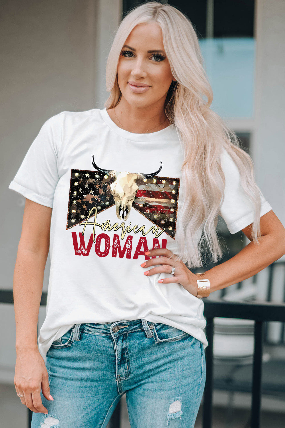 American Woman Cow Skull Print Graphic T Shirt