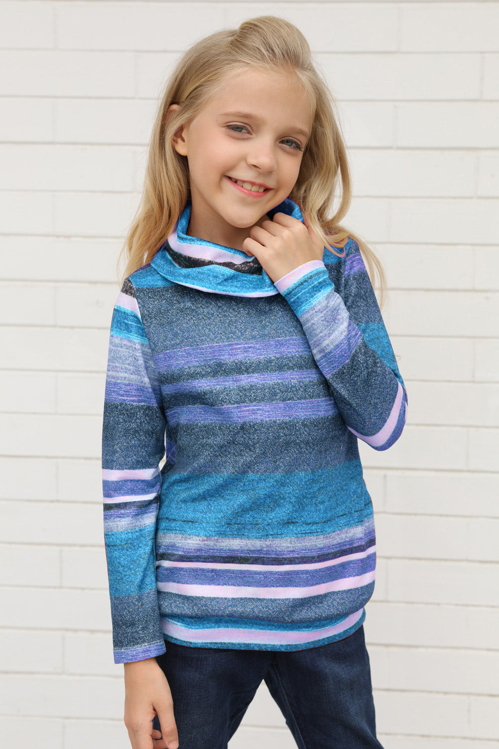 Multicolor Cowl Neck Girl's Striped Sweatshirt