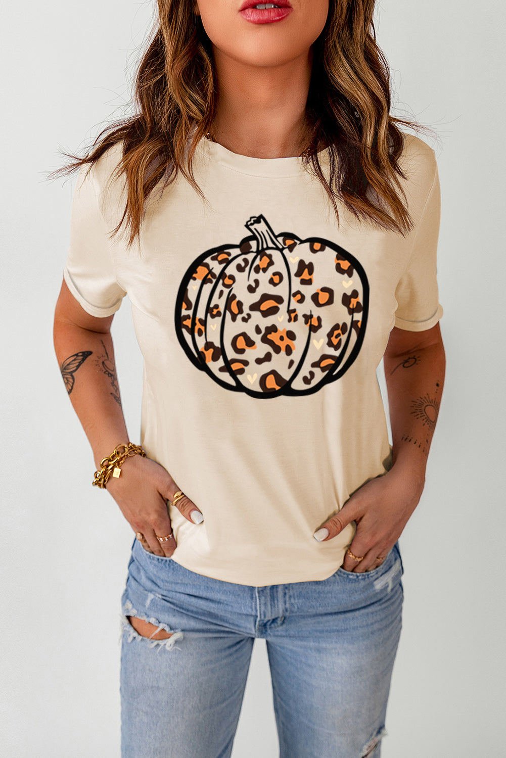 Khaki Pumpkin Leopard Print Short Sleeve Graphic T Shirt