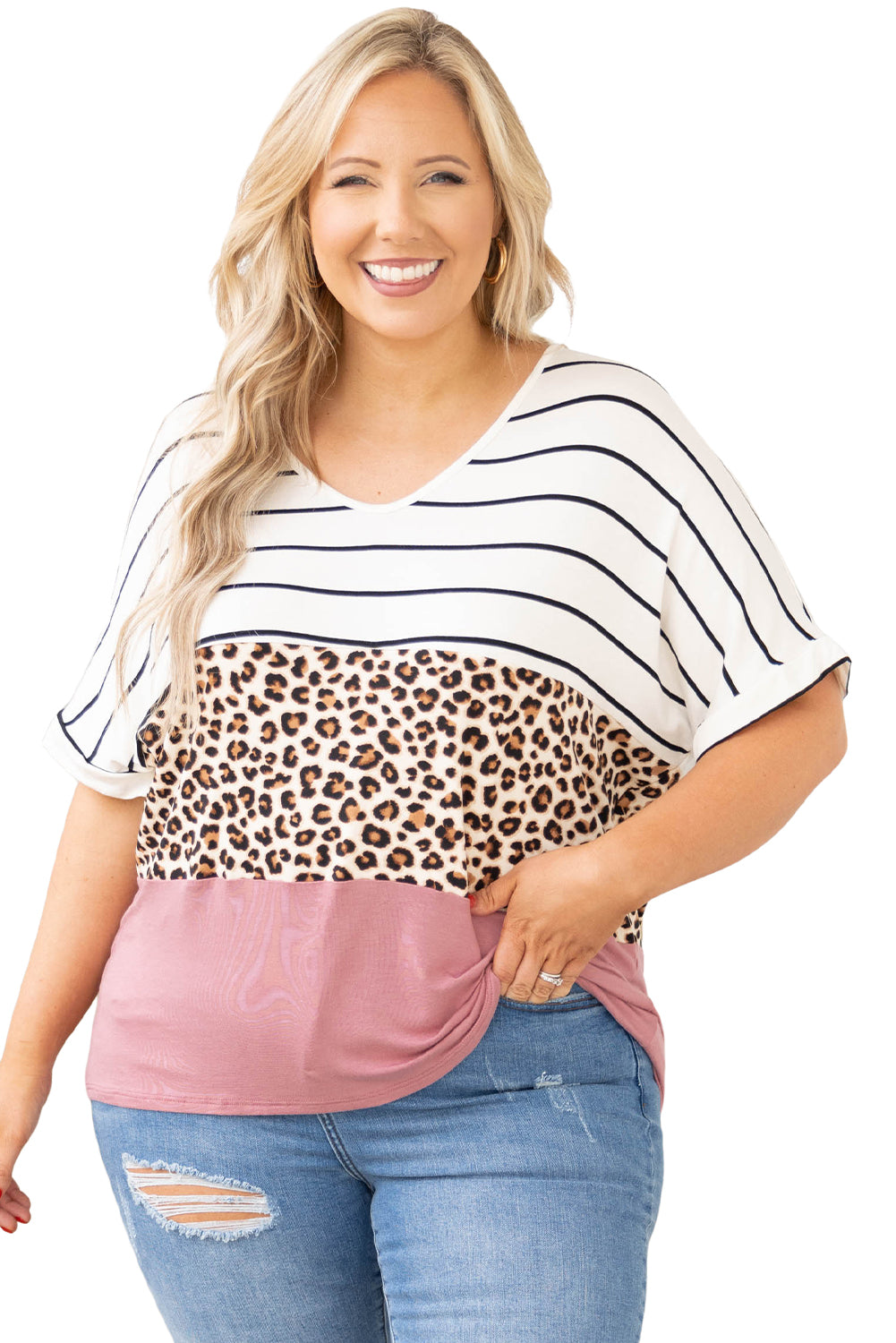 Striped Leopard Color Block Plus Size T-Shirt