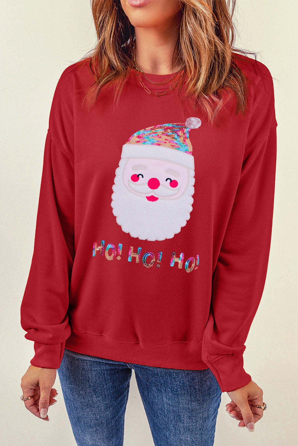 Fiery Red HO HO HO Sequined Santa Claus Sweatshirt