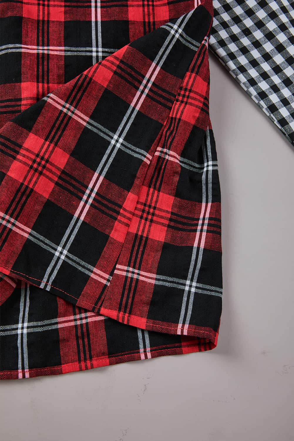 Fiery Red Plaid Splicing Hit Color Pockets Turndown Collar Long Sleeve Shirt