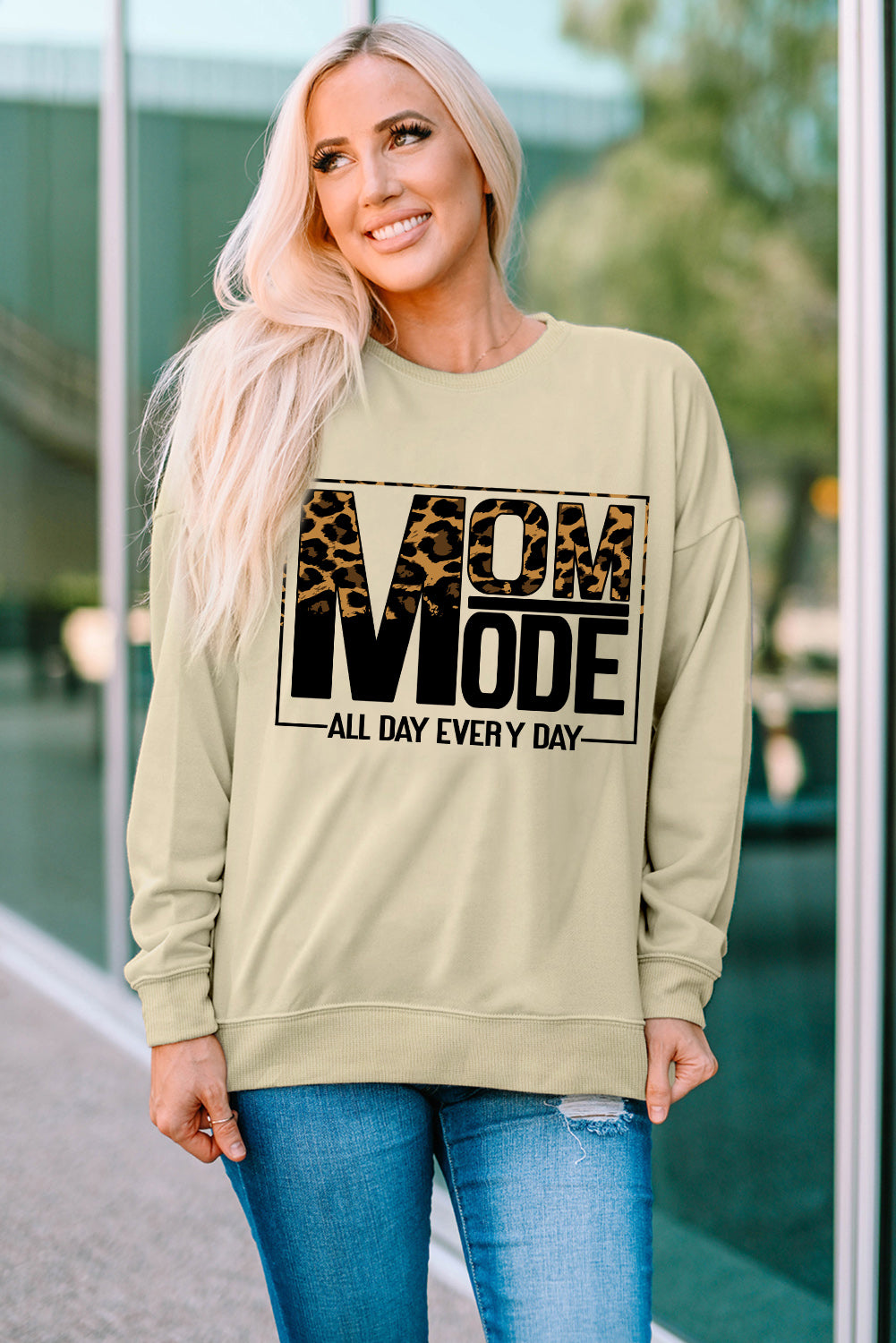 Khaki MOM MODE Leopard Print Long Sleeve Sweatshirt