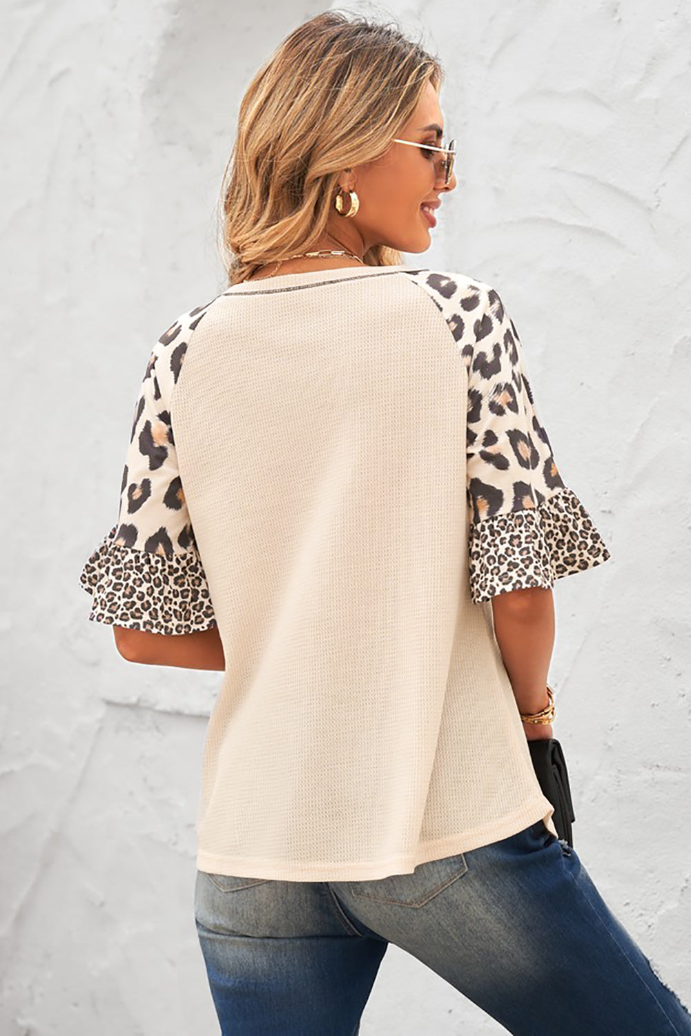 Mixed Leopard Ruffle Sleeve Waffle Knit Top