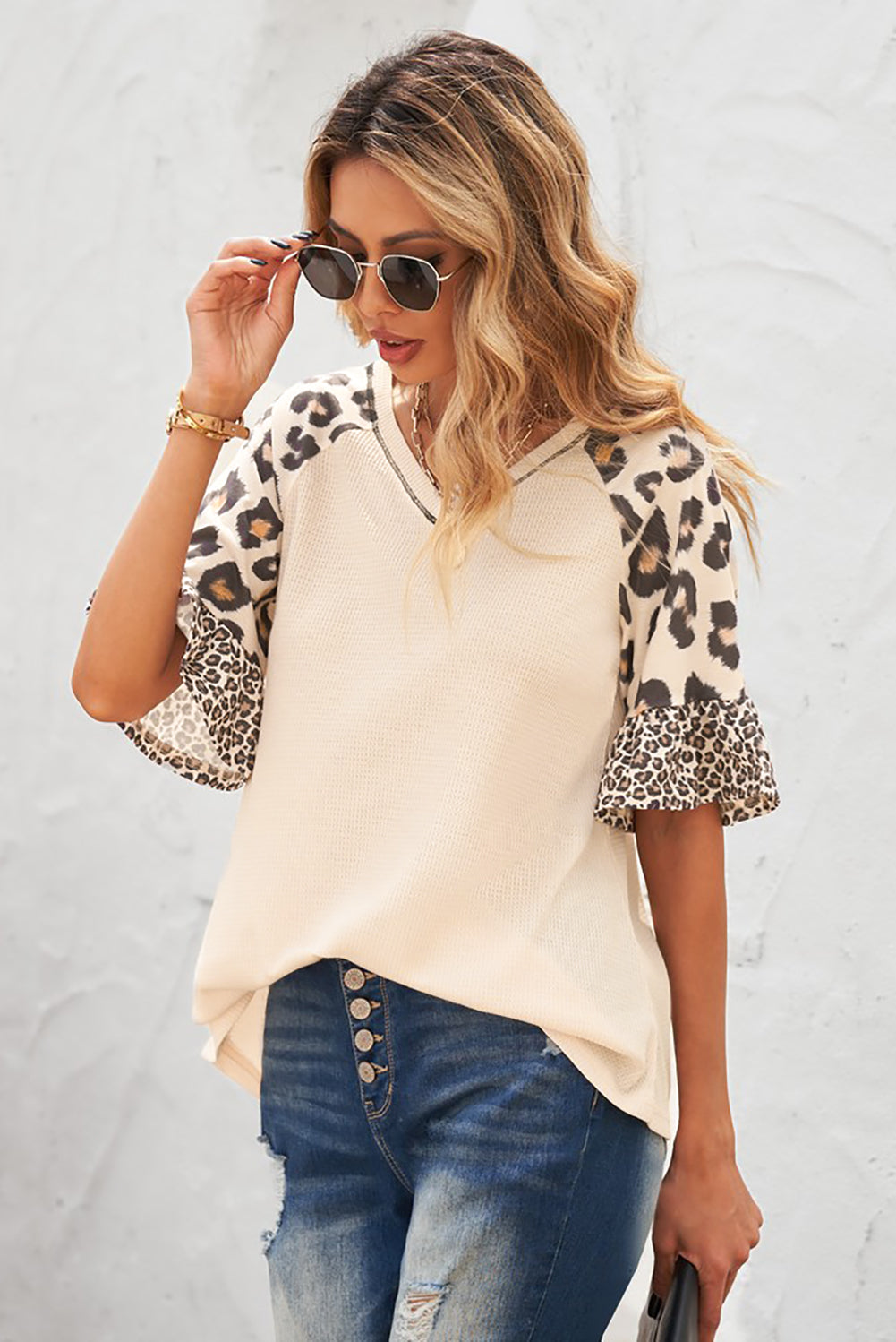 Mixed Leopard Ruffle Sleeve Waffle Knit Top