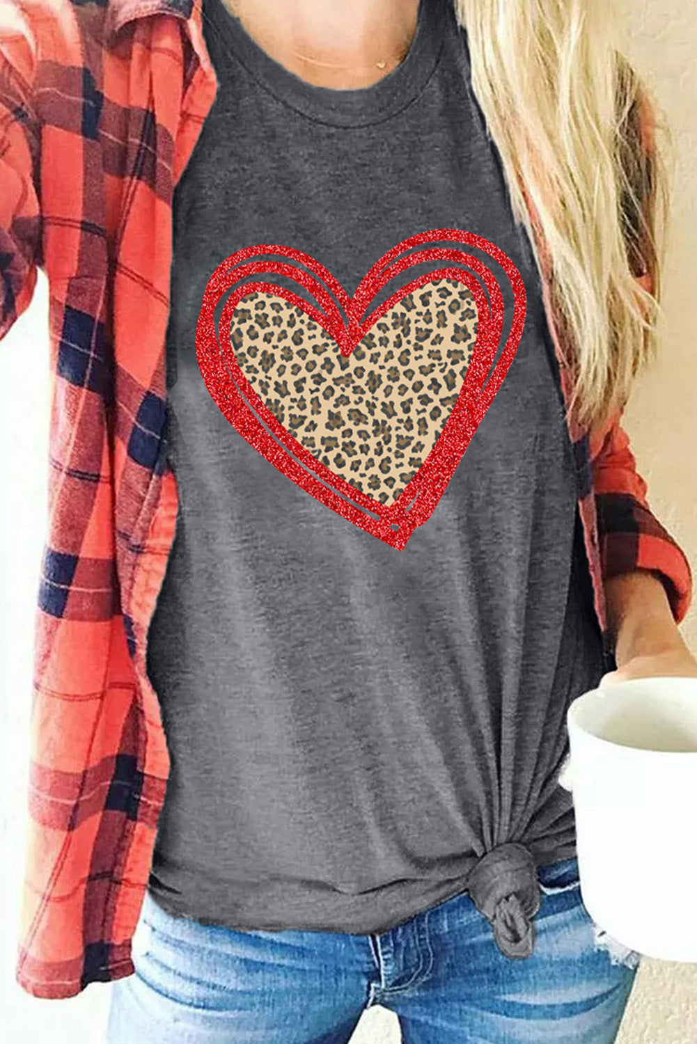 Sequin Leopard Heart Graphic T-shirt