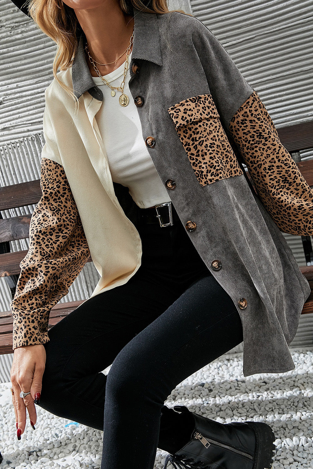 Color Block Leopard Patched Corduroy Shacket