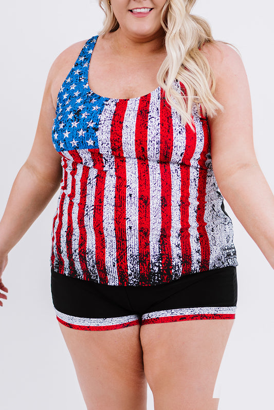 Multicolor Multicolor Multicolor American Flag Print Tankini Plus Size Swimwear