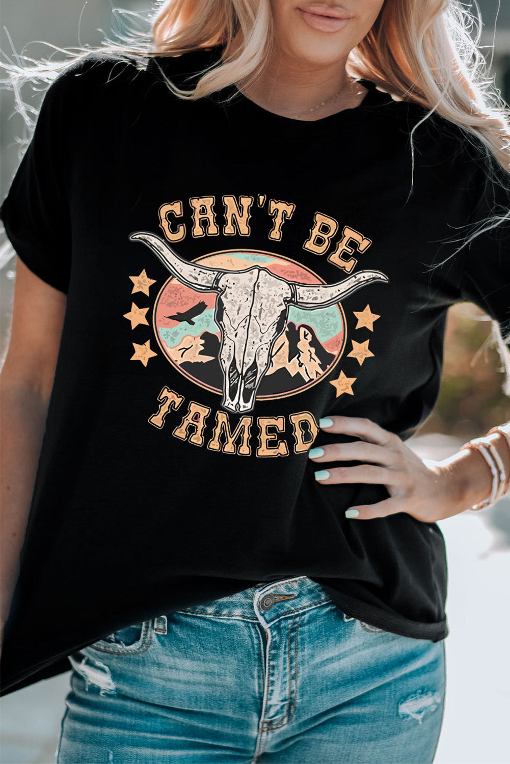 CAN'T BE TAMED Skull Western Graphic T Shirt