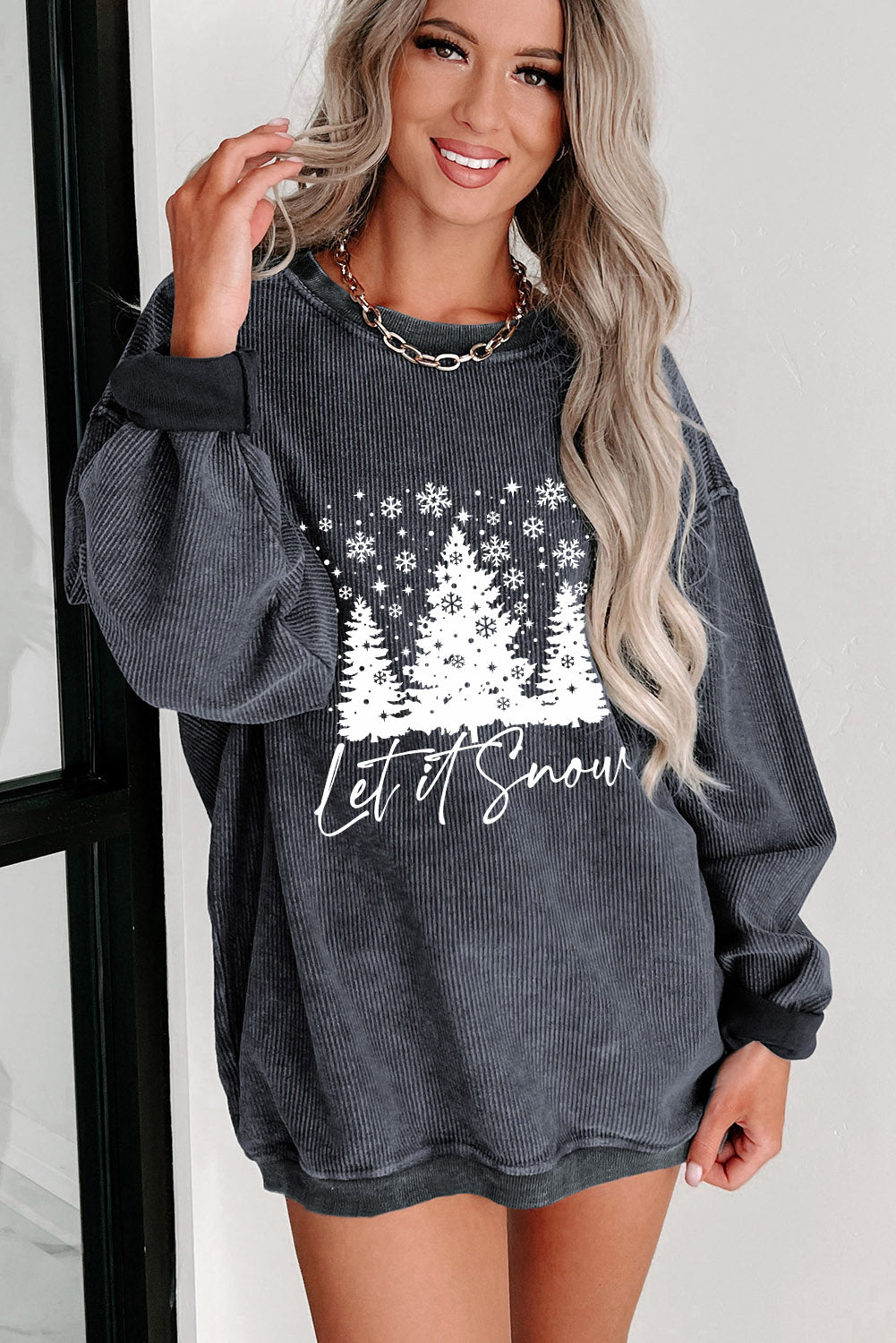 Gray Christmas Tree Flake Graphic Corded Sweatshirt