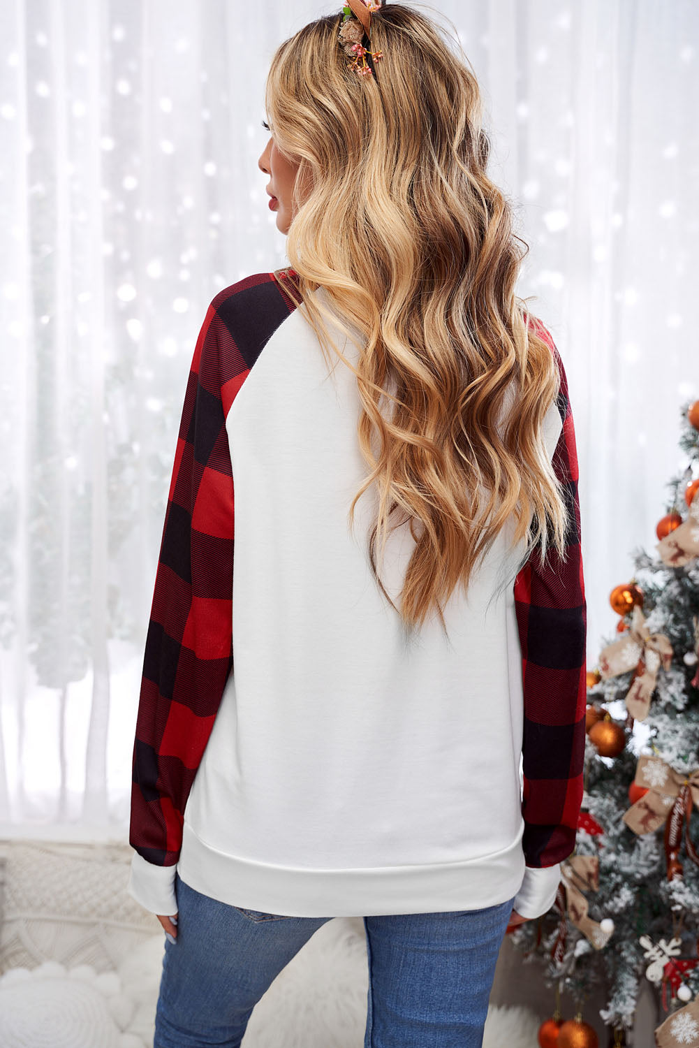 Merry Christmas Plaid Graphic Print Long Sleeve Sweatshirt