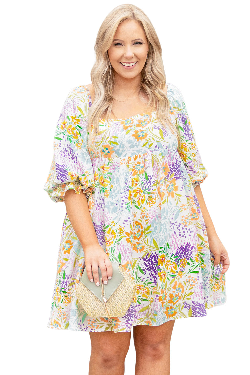 Multicolor Plus Size Floral Print Ruffle Bubble Sleeve Babydoll Dress
