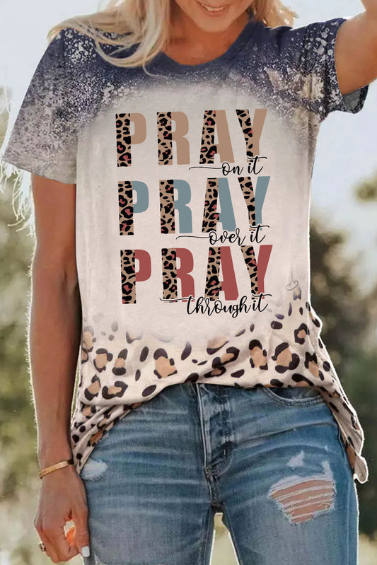 PRAY Western Leopard Slogan Print Bleached T Shirt