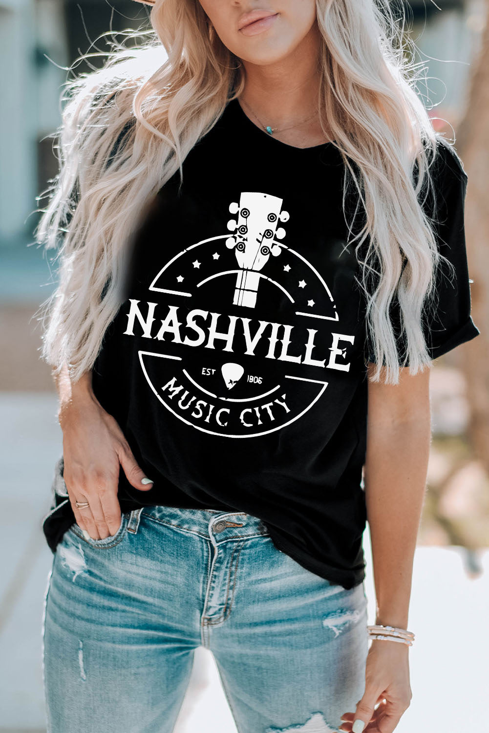 NASHVILLE MUSIC CITY Graphic Print Crew Neck T Shirt