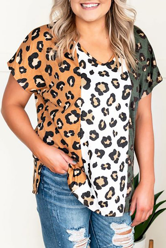 Plus Size Leopard Print Contrast T-Shirt