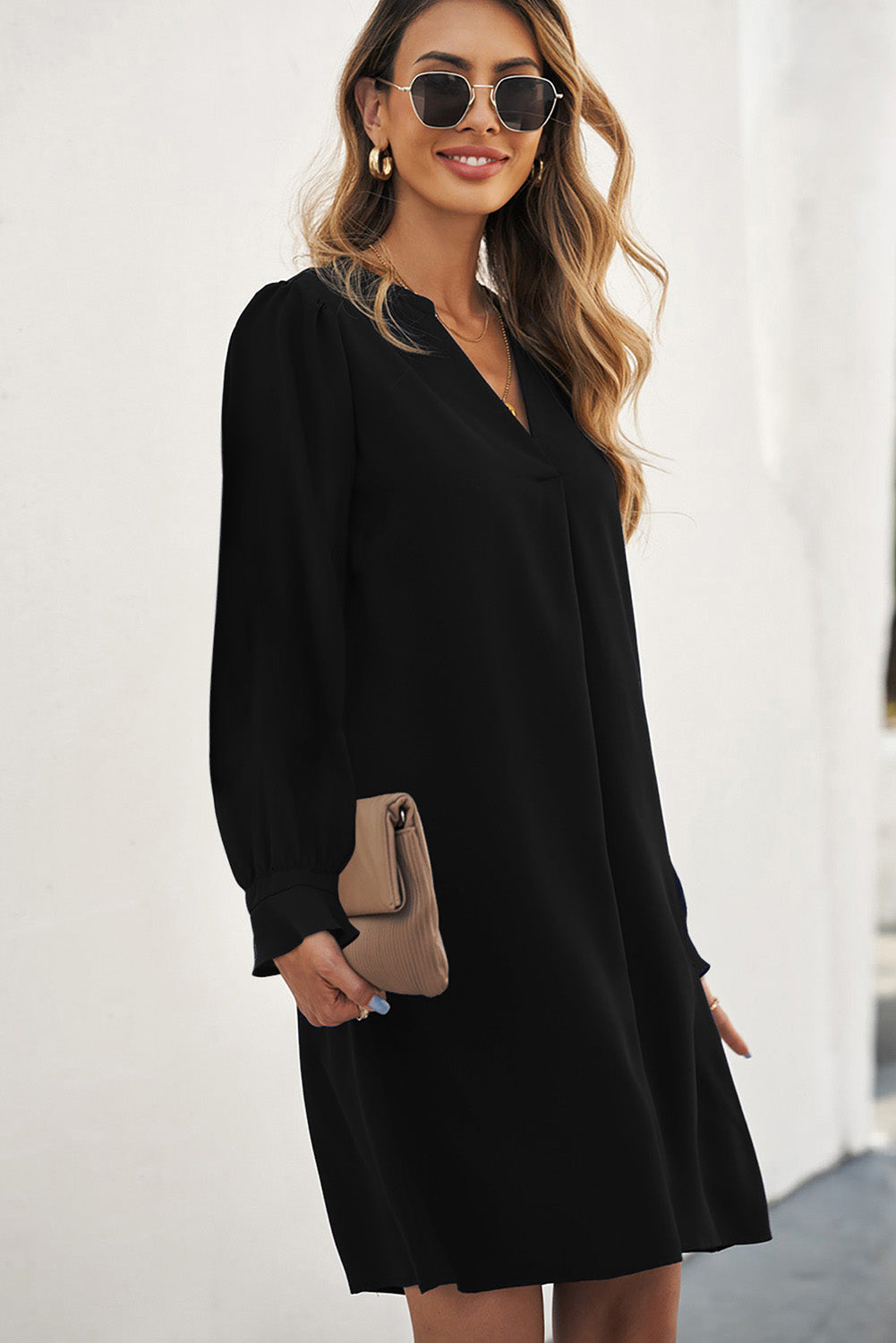 Green Split V Neck Ruffled Sleeves Shirt Dress