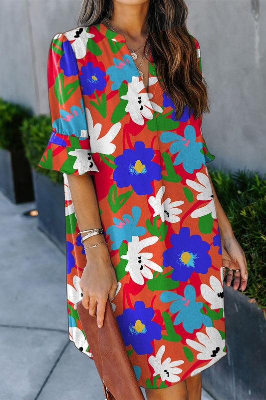 Split V Collar Ruffle Sleeve Floral Shift Dress