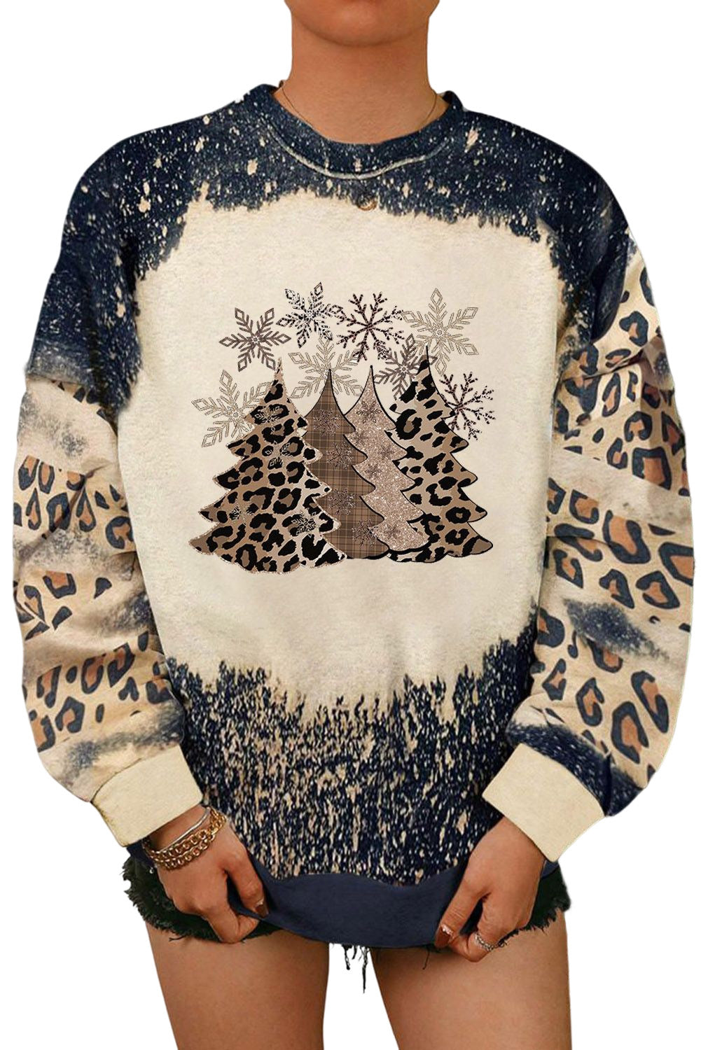 Christmas Tree Leopard Color Block Pullover Sweatshirt