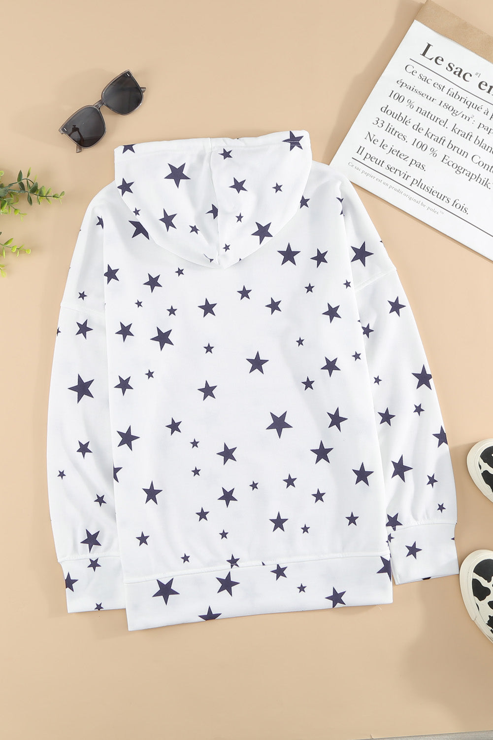 White Star Print Hoodie with Side Slits