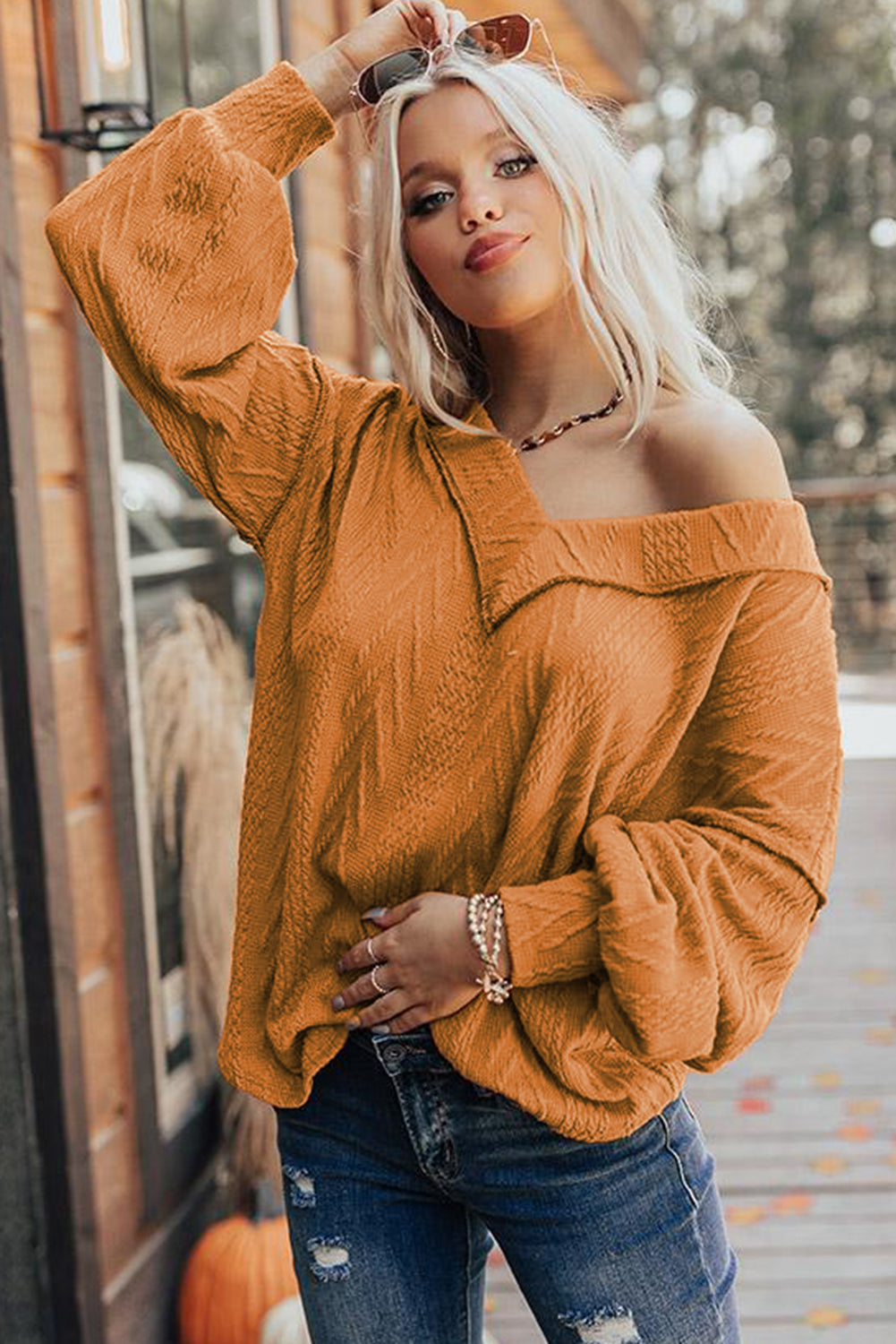 Textured V Neck Long Sleeve Knit Top