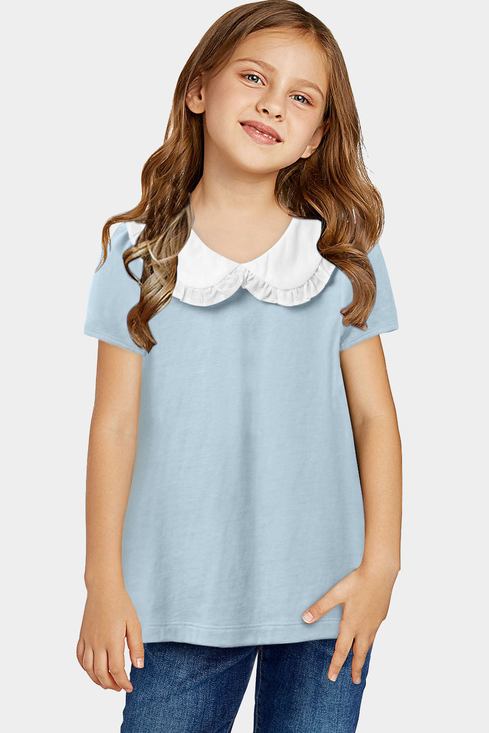 Orange Little Girl Peter Pan Collar Short Sleeve Top