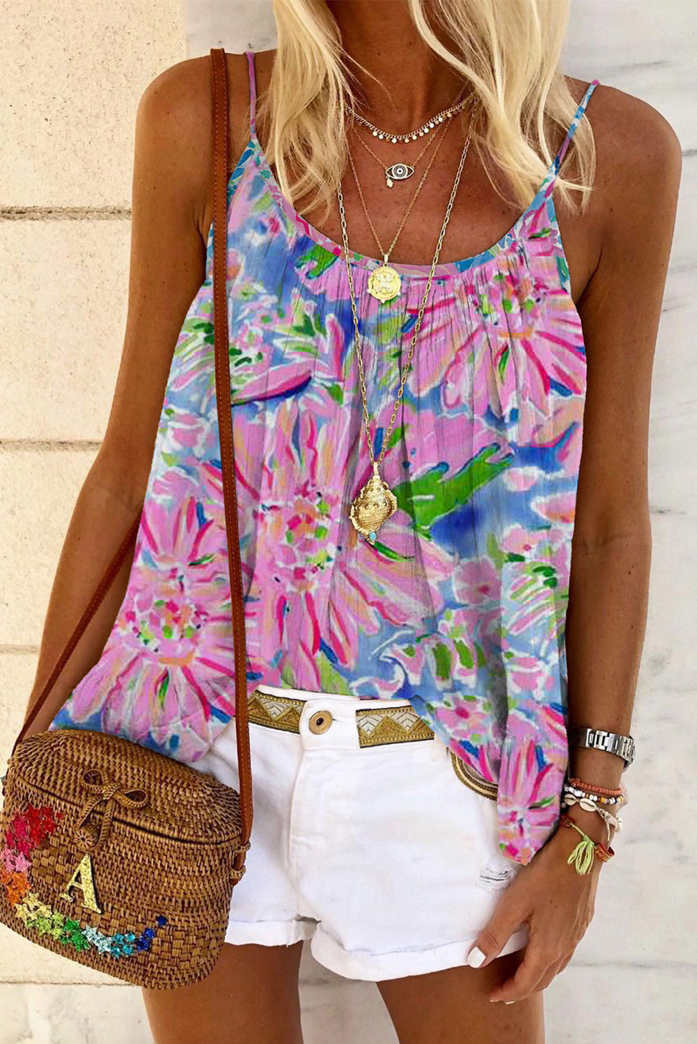 Abstract Floral Print Loose Fit Spaghetti Strap Tank Top