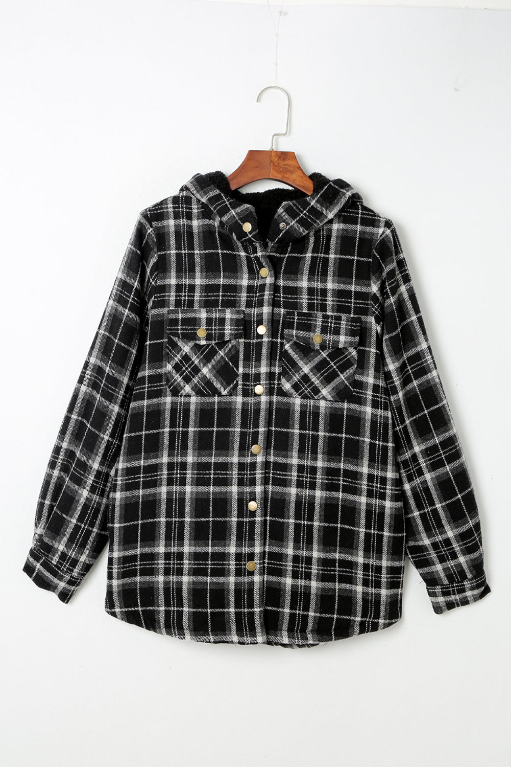 Blue Plaid Pattern Sherpa Lined Hooded Shacket