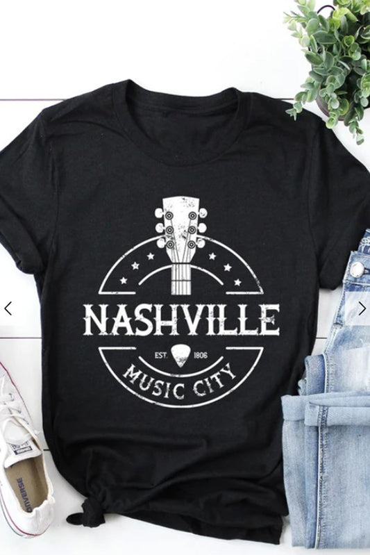 NASHVILLE MUSIC CITY Graphic Print Crew Neck T Shirt