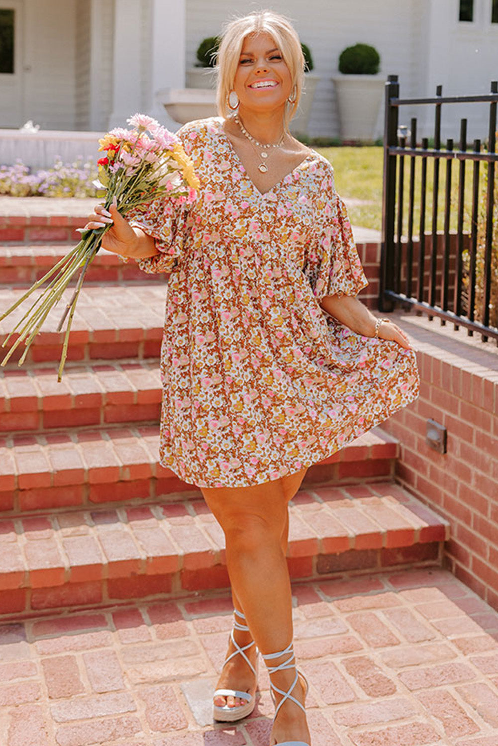 Multicolor Plus Size Floral Print Puff Sleeves Dress