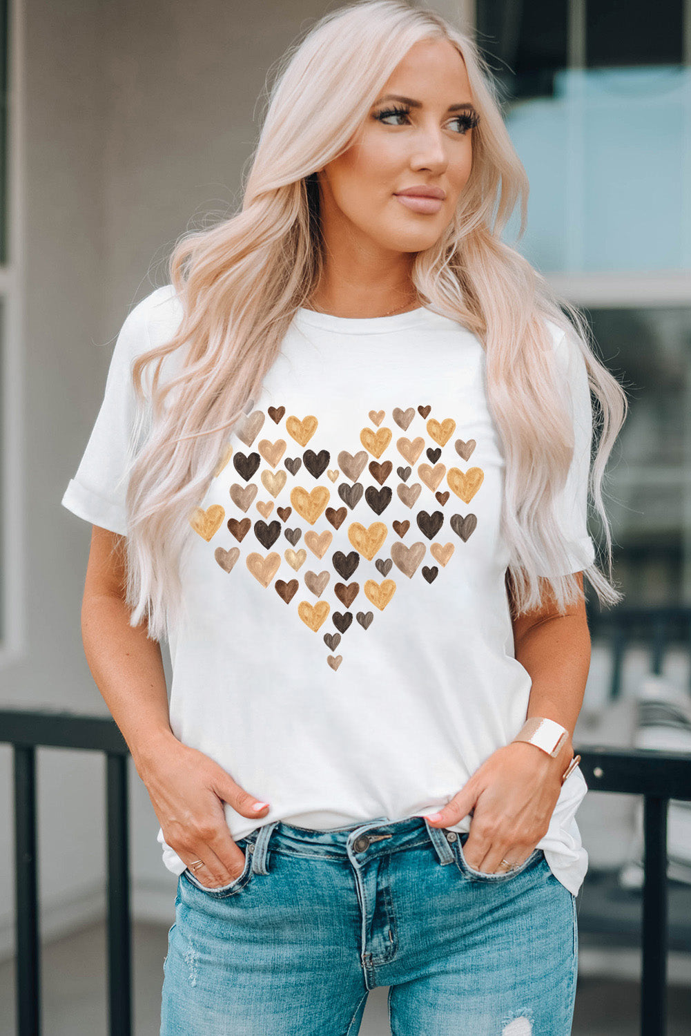 Valentines Day Heart Shaped Print Crew Neck Graphic Tee