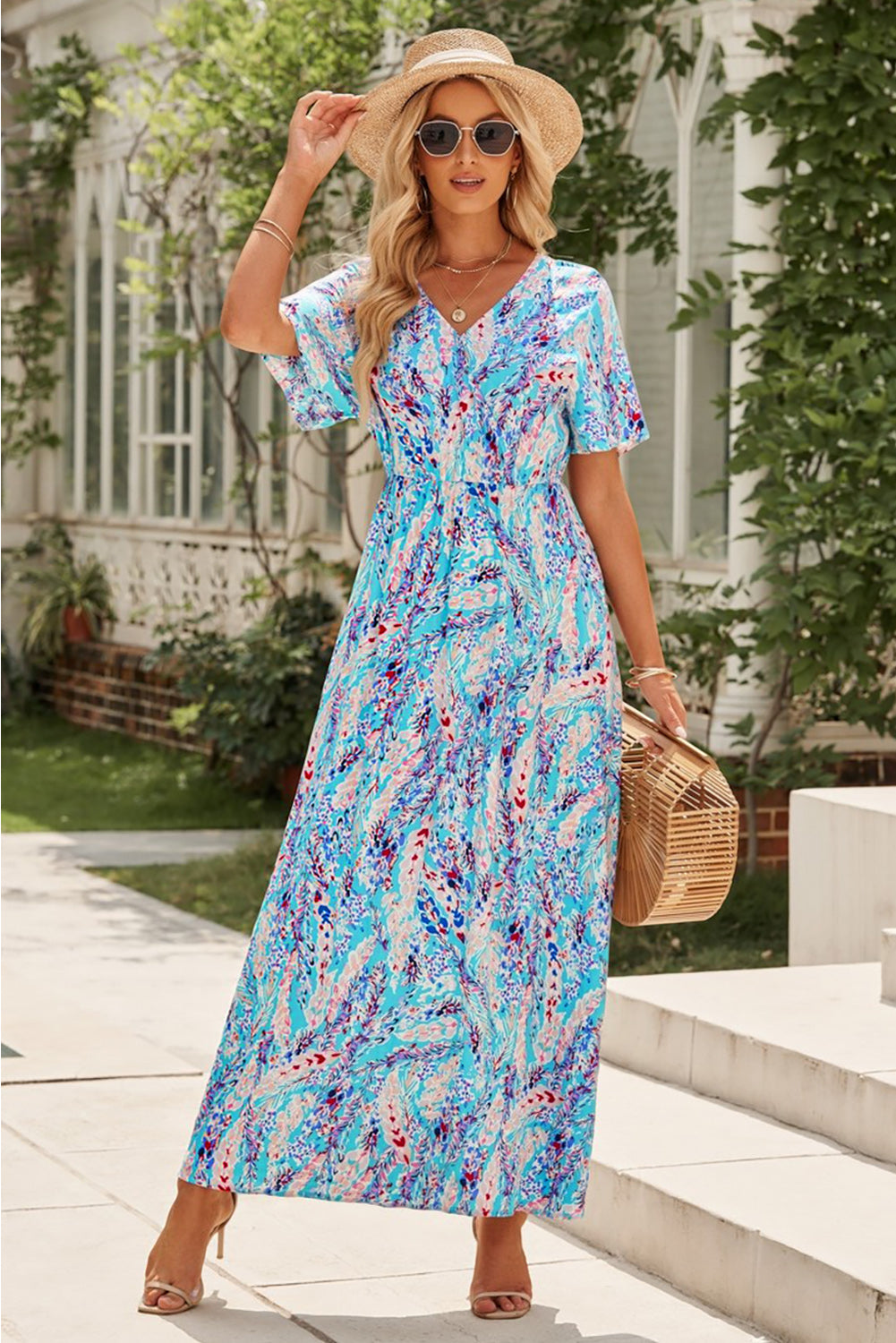 Wrap V Neck Floral Maxi Dress