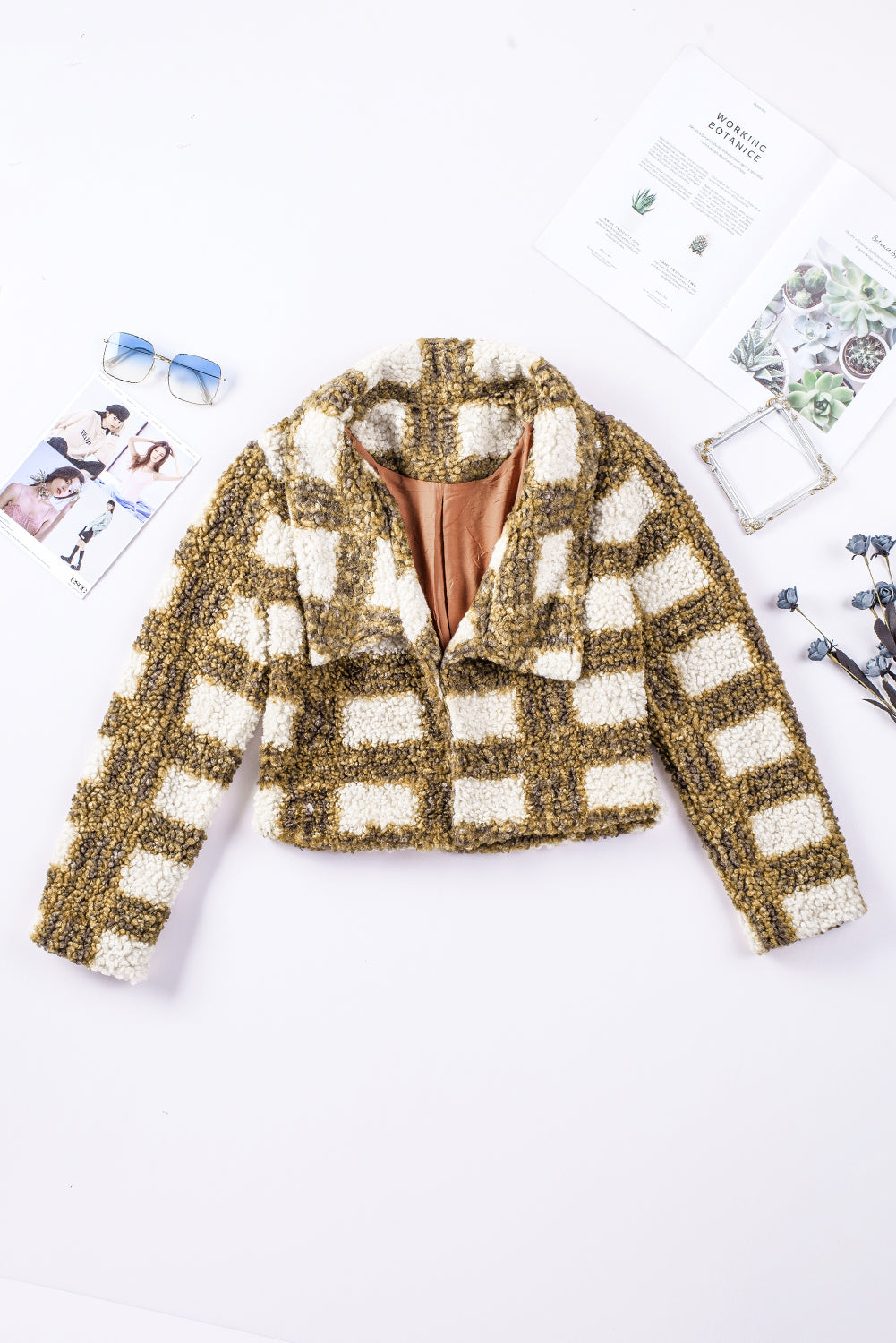 Open Front Plaid Sherpa Jacket