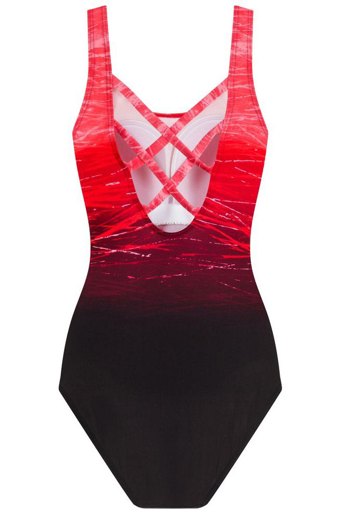 Red Gradient Criss Cross Back One Piece Swimsuit