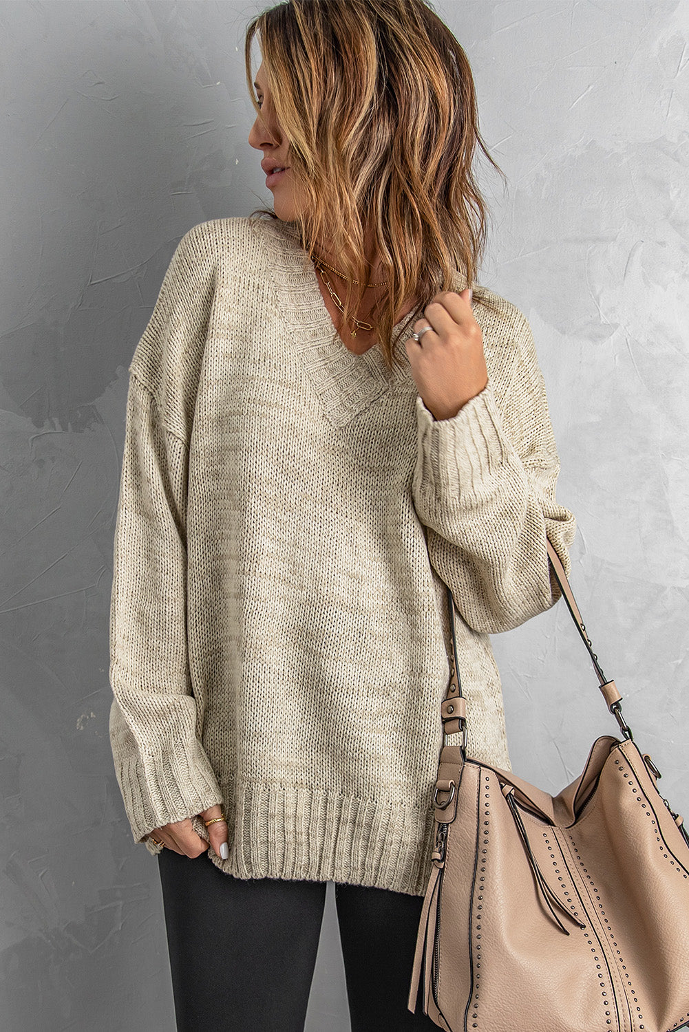 Khaki V neck Drop Shoulder Knitted Sweater