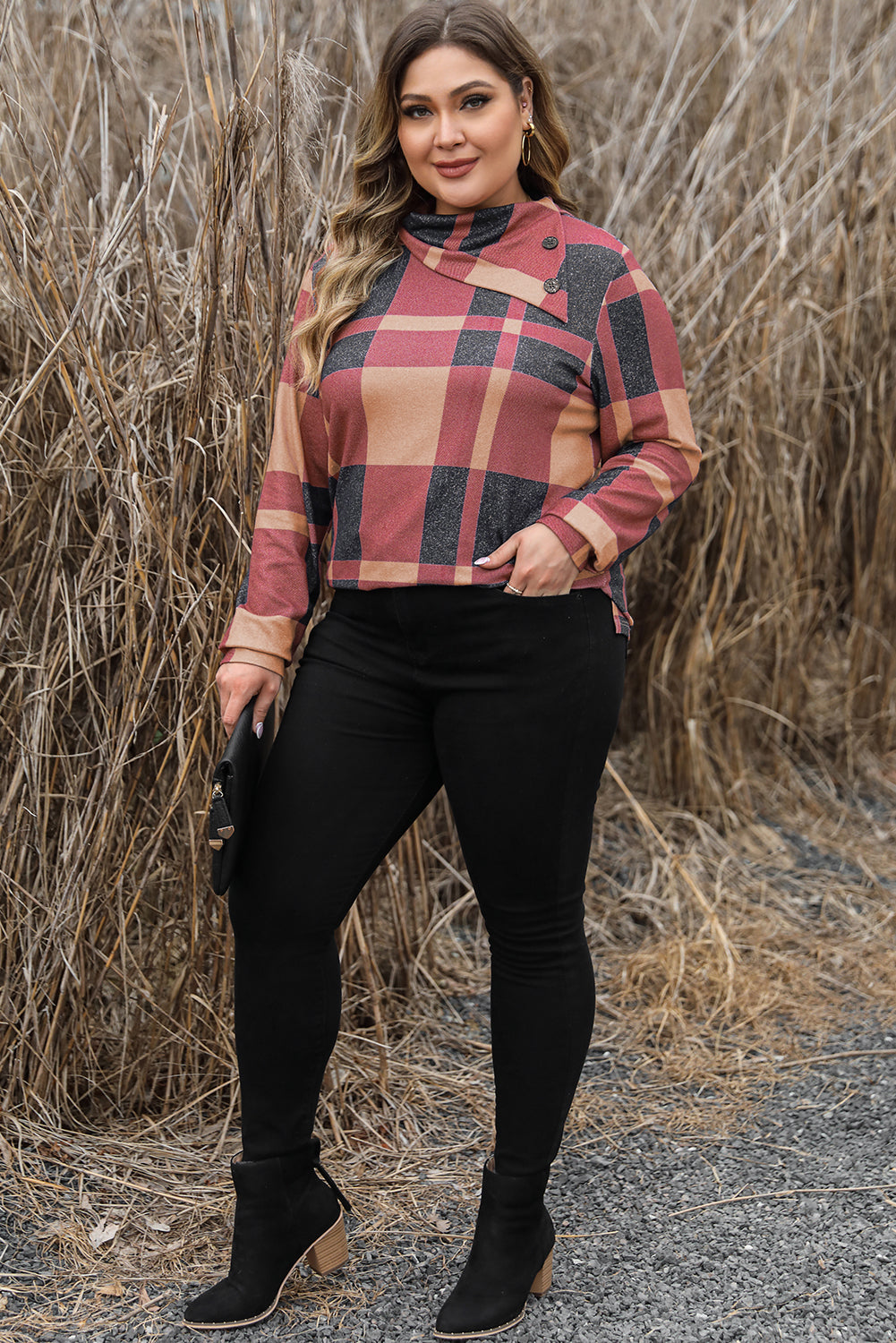 Mineral Red Plus Size Plaid Print Button Decor Asymmetric Neck Top