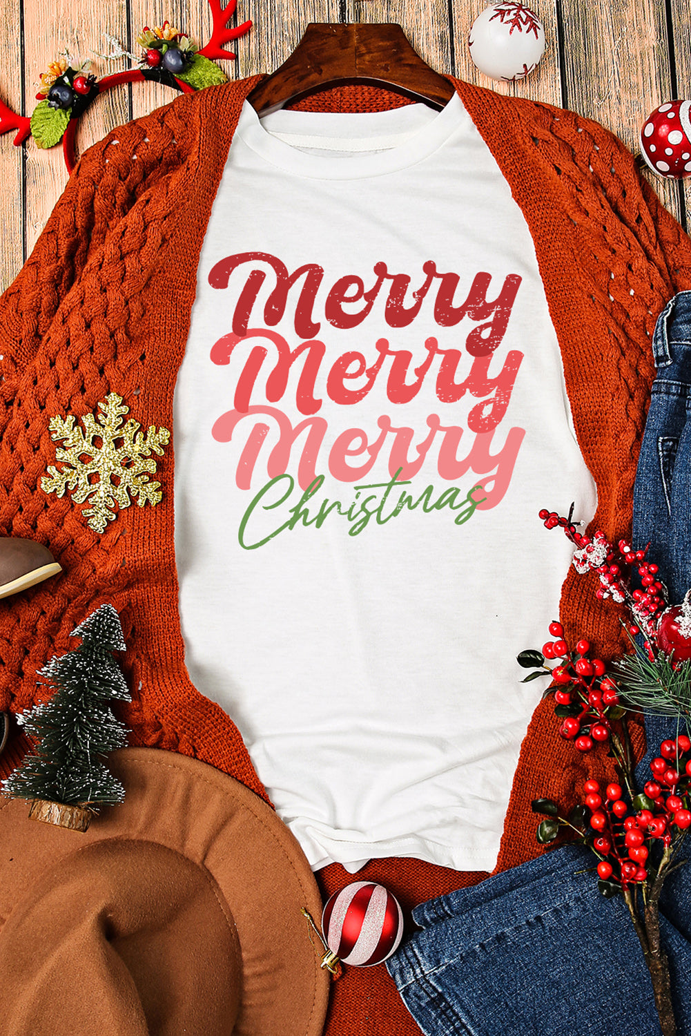 White Merry Christmas Crew Neck Graphic Tee