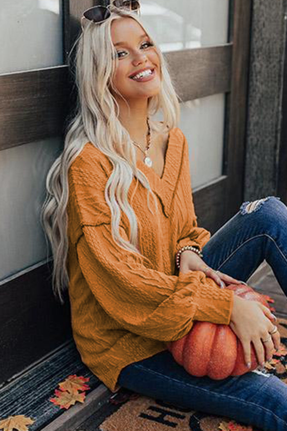 Textured V Neck Long Sleeve Knit Top