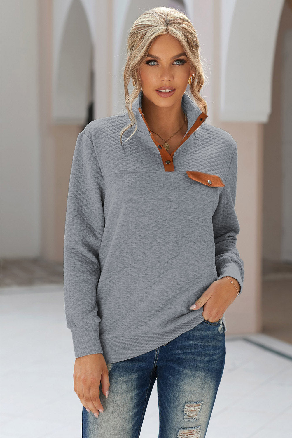 Gray Quilted Snaps Stand Neck Pullover Sweatshirt with Fake Front Pocket