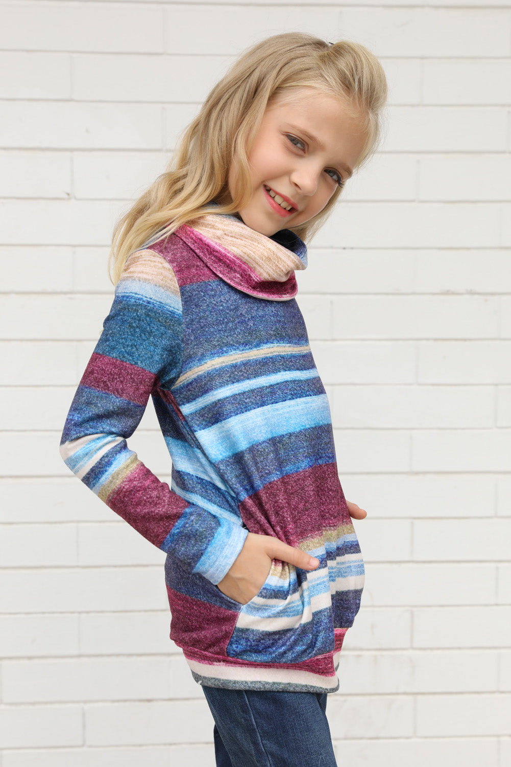 Multicolor Cowl Neck Girl's Striped Sweatshirt