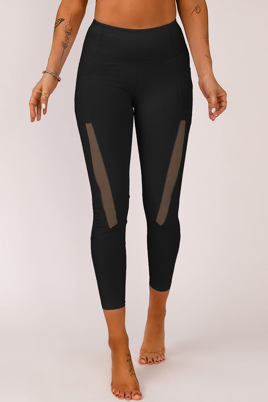 Mesh Side Splicing High Waist Yoga Sports Leggings with Phone Pocket