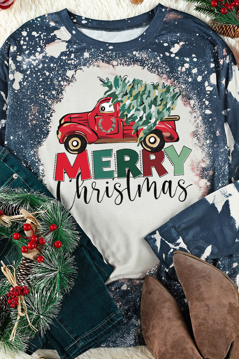 Multicolor MERRY Christmas Bleached Long Sleeve Top