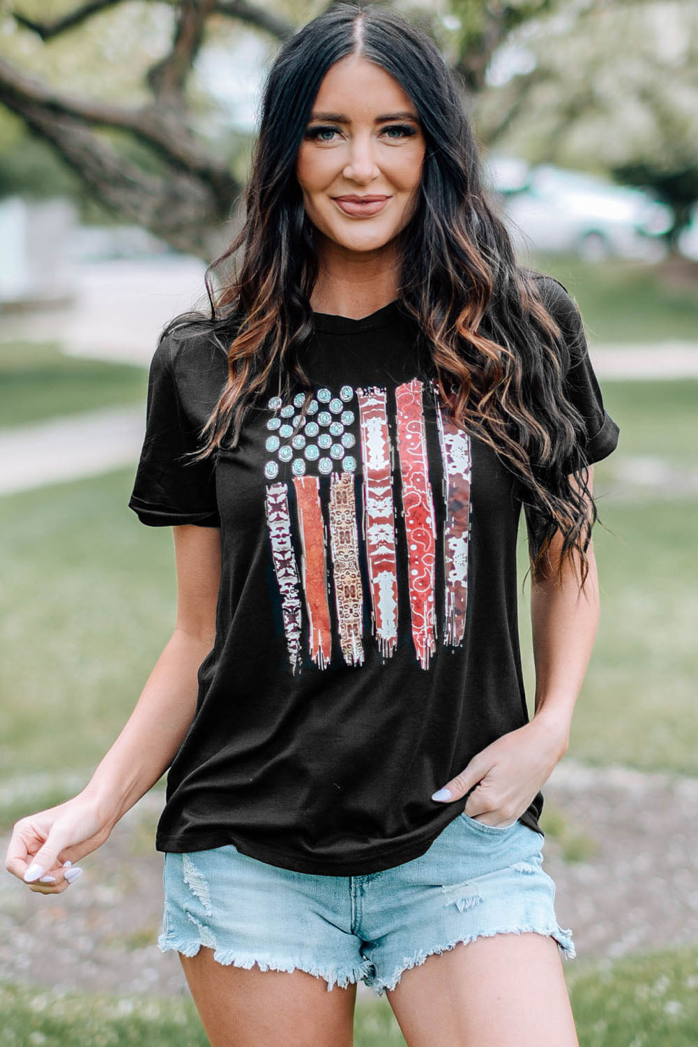 Western American Flag Print Short Sleeve Graphic Tee