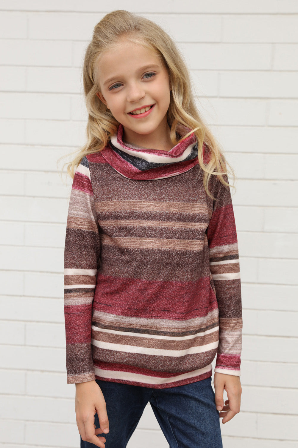 Multicolor Cowl Neck Girl's Striped Sweatshirt