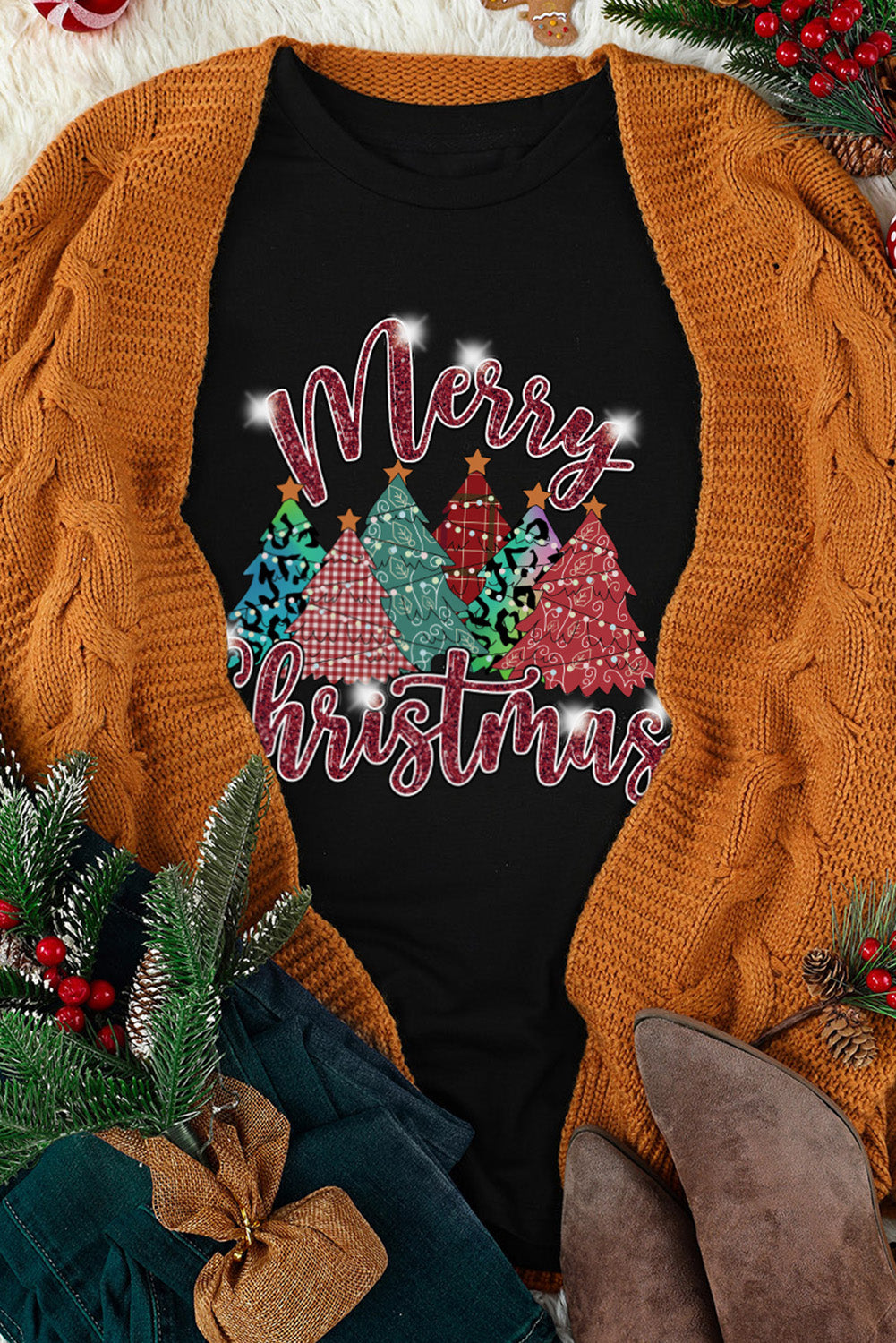 Merry Christmas Tree Pattern Graphic Tee